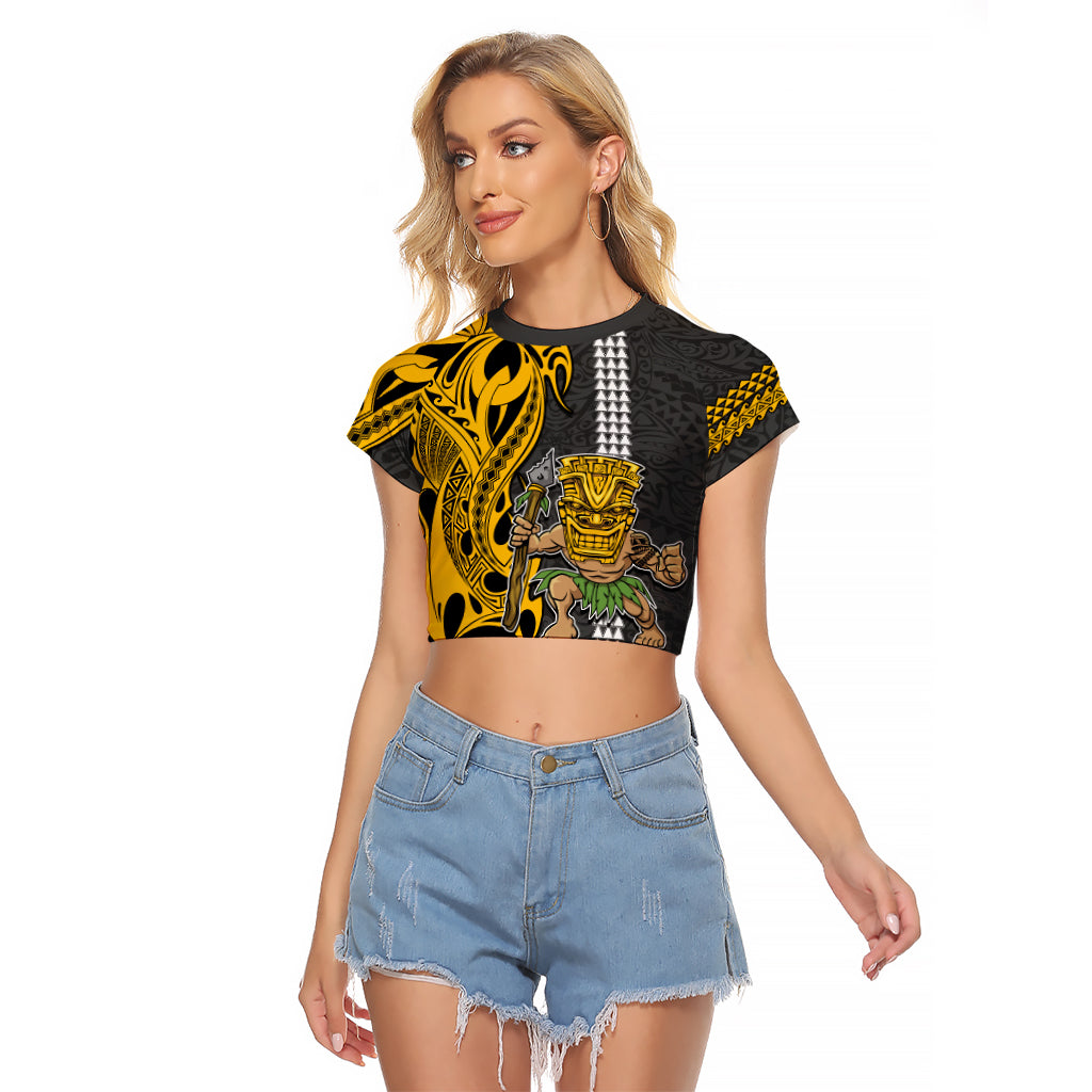 Custom Hawaii Island Raglan Cropped T Shirt Hawaiian Warrior and Kakau Symbols Abstract Tattoo LT03 Female Yellow - Polynesian Pride