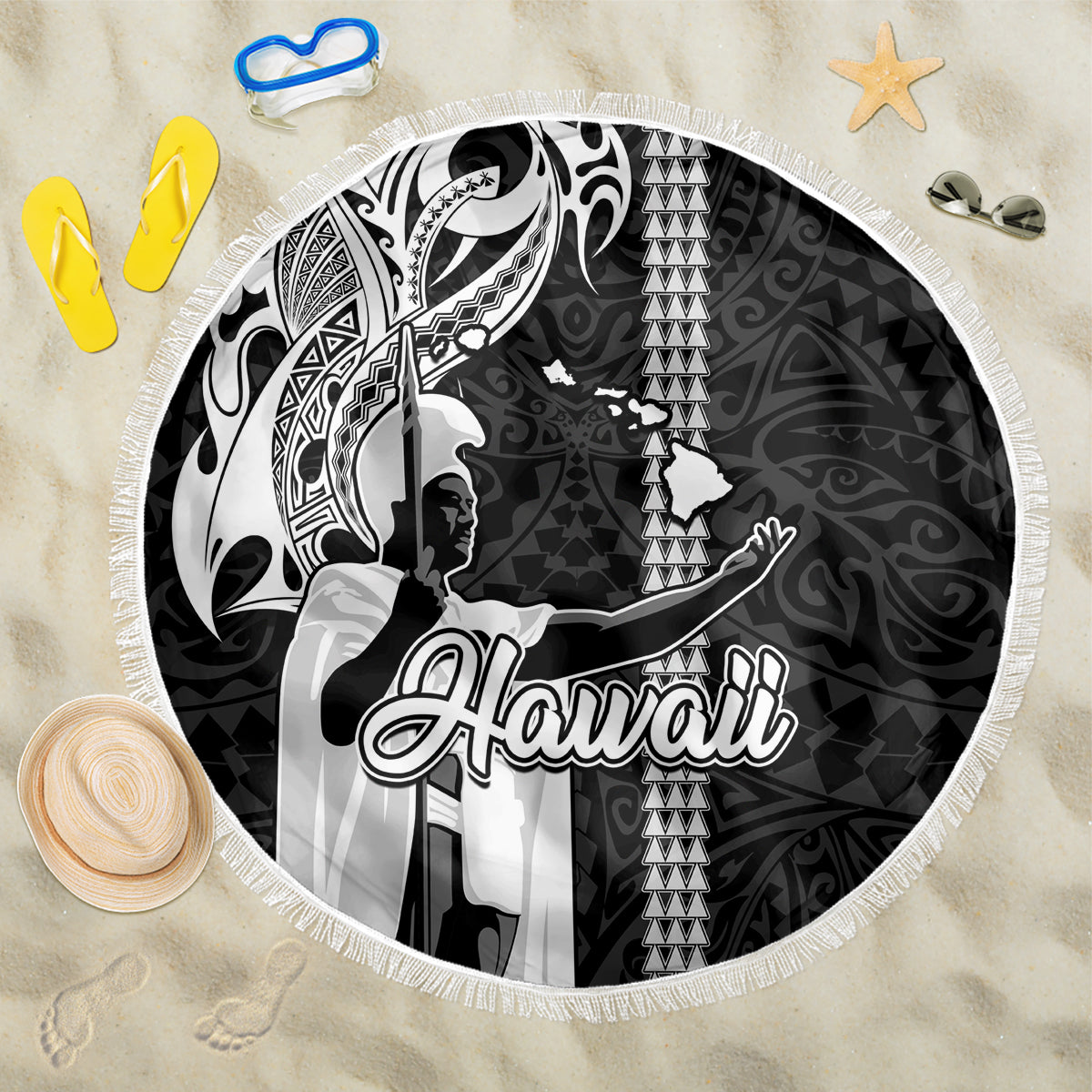 Hawaii Island Beach Blanket Hawaiian King and Kakau Symbols Abstract Shoulder Tattoo LT03 One Size 150cm Black - Wonder Print Shop