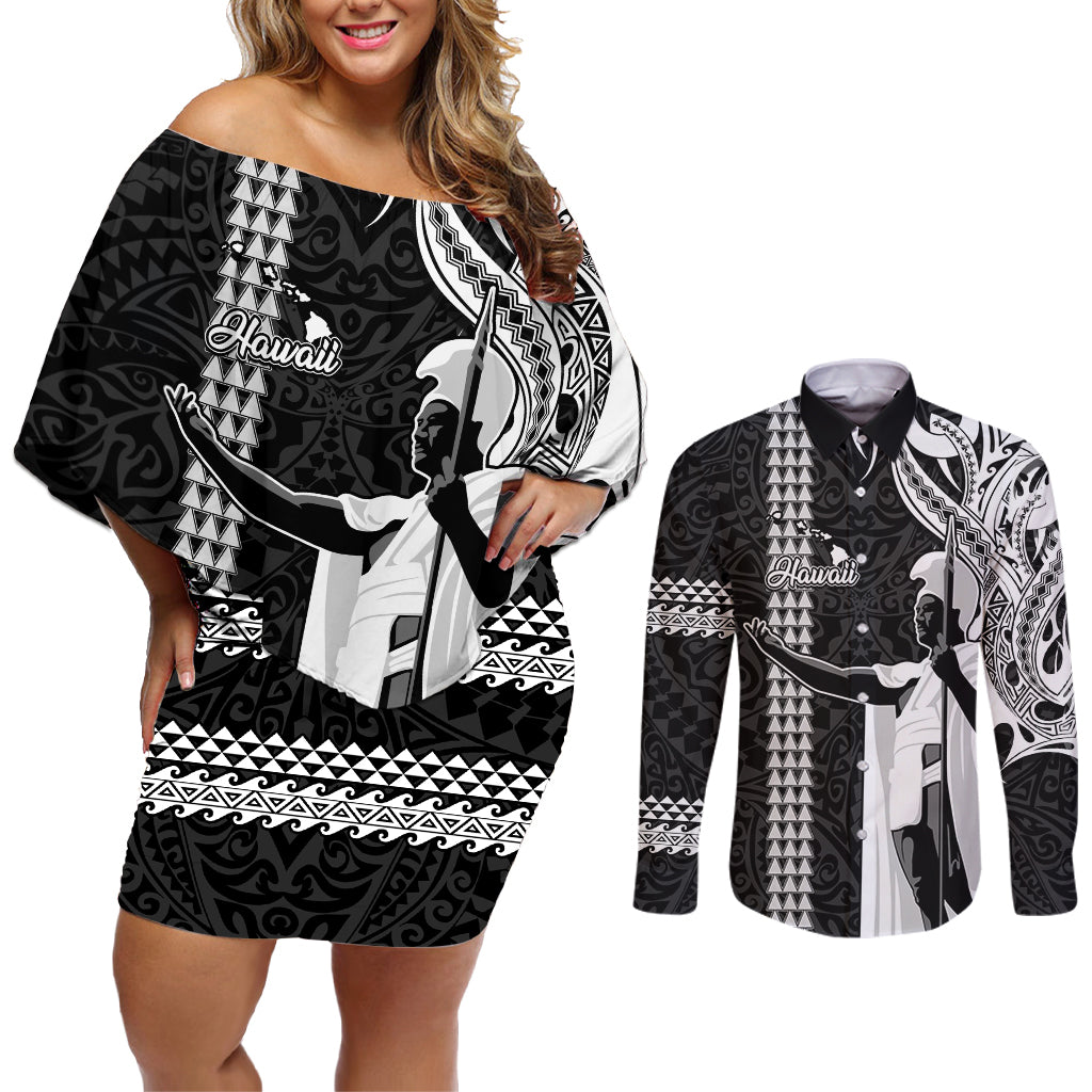 Hawaii Island Couples Matching Off Shoulder Short Dress and Long Sleeve Button Shirts Hawaiian King and Kakau Symbols Abstract Shoulder Tattoo LT03 Black - Polynesian Pride