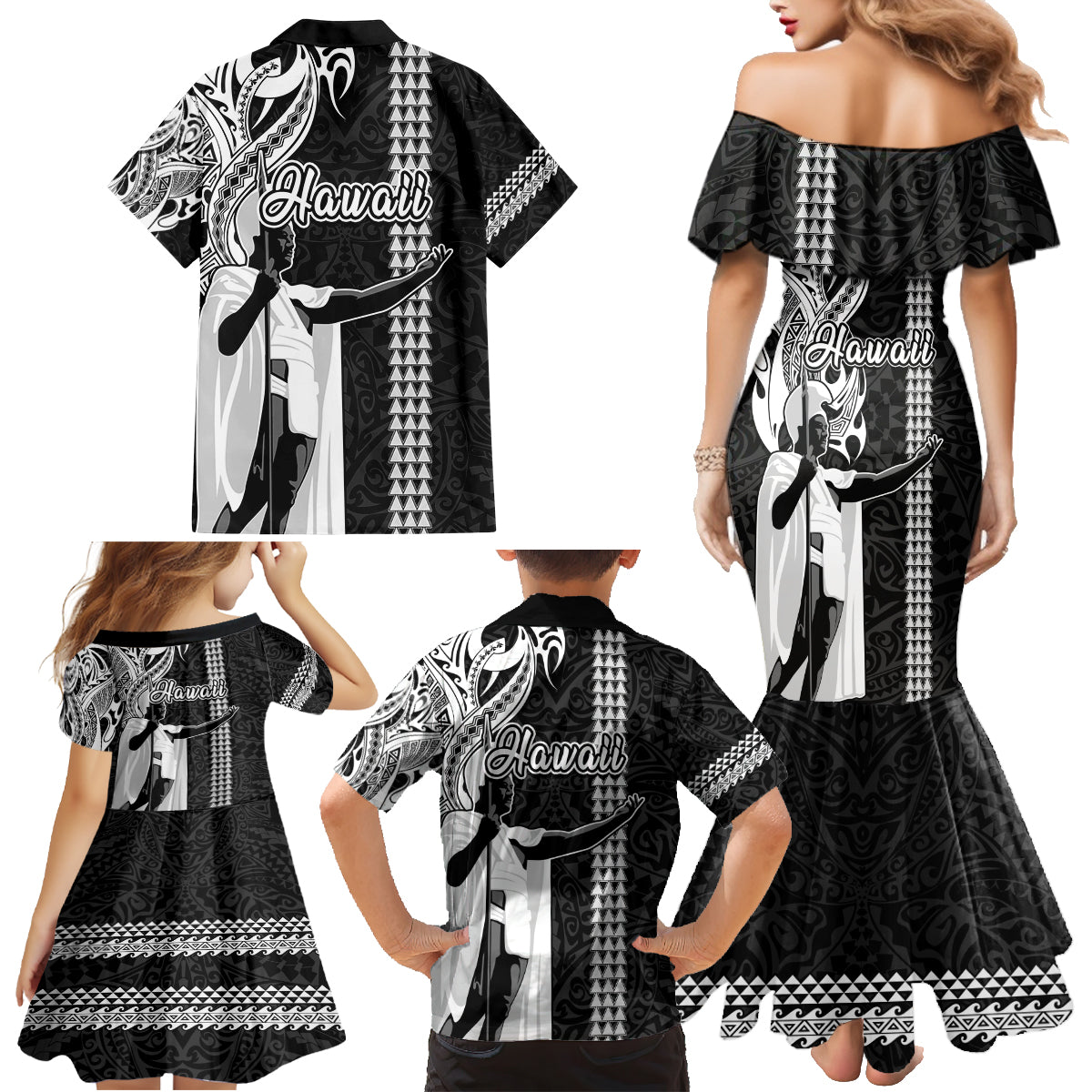 Hawaii Island Family Matching Mermaid Dress and Hawaiian Shirt Hawaiian King and Kakau Symbols Abstract Shoulder Tattoo LT03 - Polynesian Pride