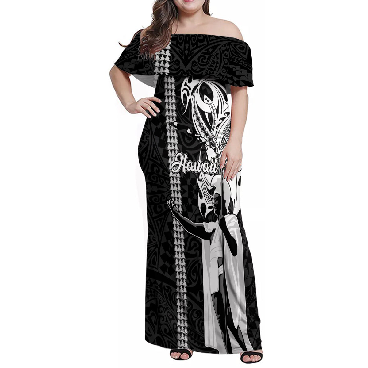 Hawaii Island Family Matching Off Shoulder Maxi Dress and Hawaiian Shirt Hawaiian King and Kakau Symbols Abstract Shoulder Tattoo LT03 Mom's Dress Black - Polynesian Pride
