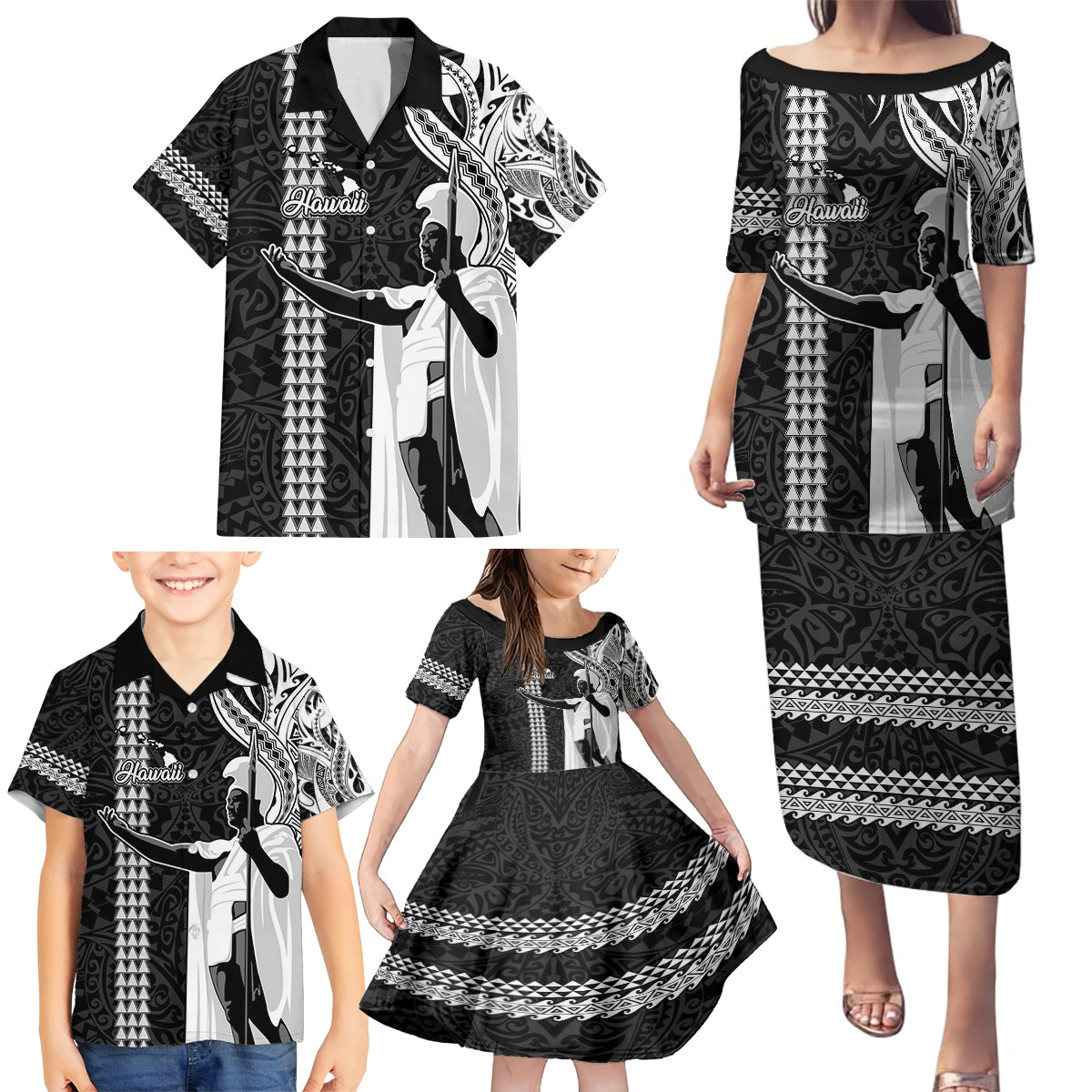 Hawaii Island Family Matching Puletasi Dress and Hawaiian Shirt Hawaiian King and Kakau Symbols Abstract Shoulder Tattoo LT03 - Polynesian Pride