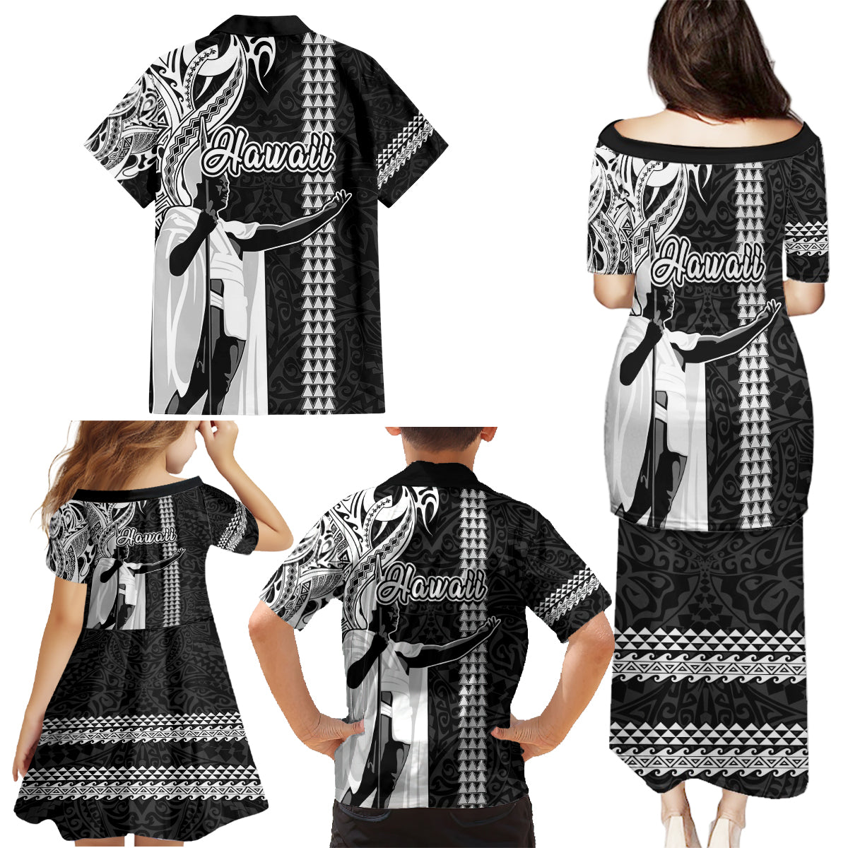 Hawaii Island Family Matching Puletasi Dress and Hawaiian Shirt Hawaiian King and Kakau Symbols Abstract Shoulder Tattoo LT03 - Polynesian Pride
