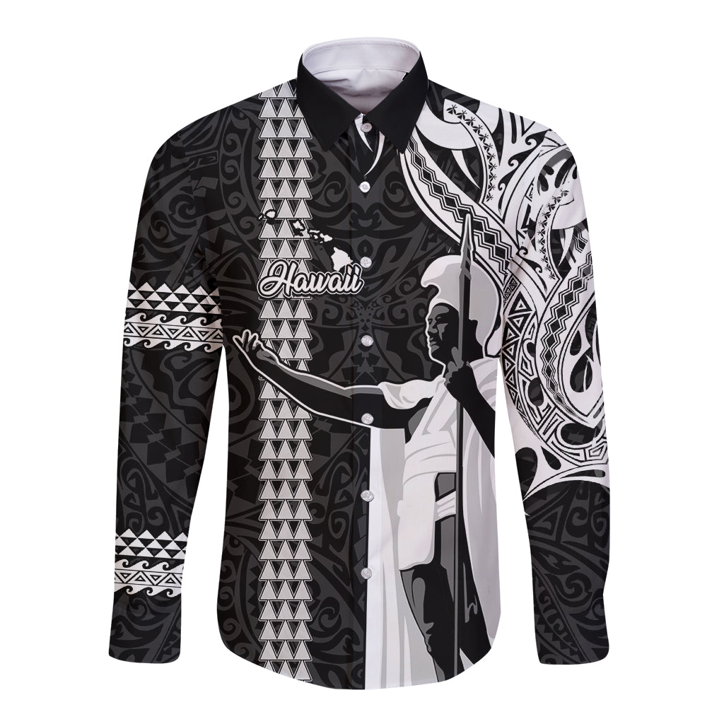 Hawaii Island Long Sleeve Button Shirt Hawaiian King and Kakau Symbols Abstract Shoulder Tattoo LT03 Unisex Black - Polynesian Pride
