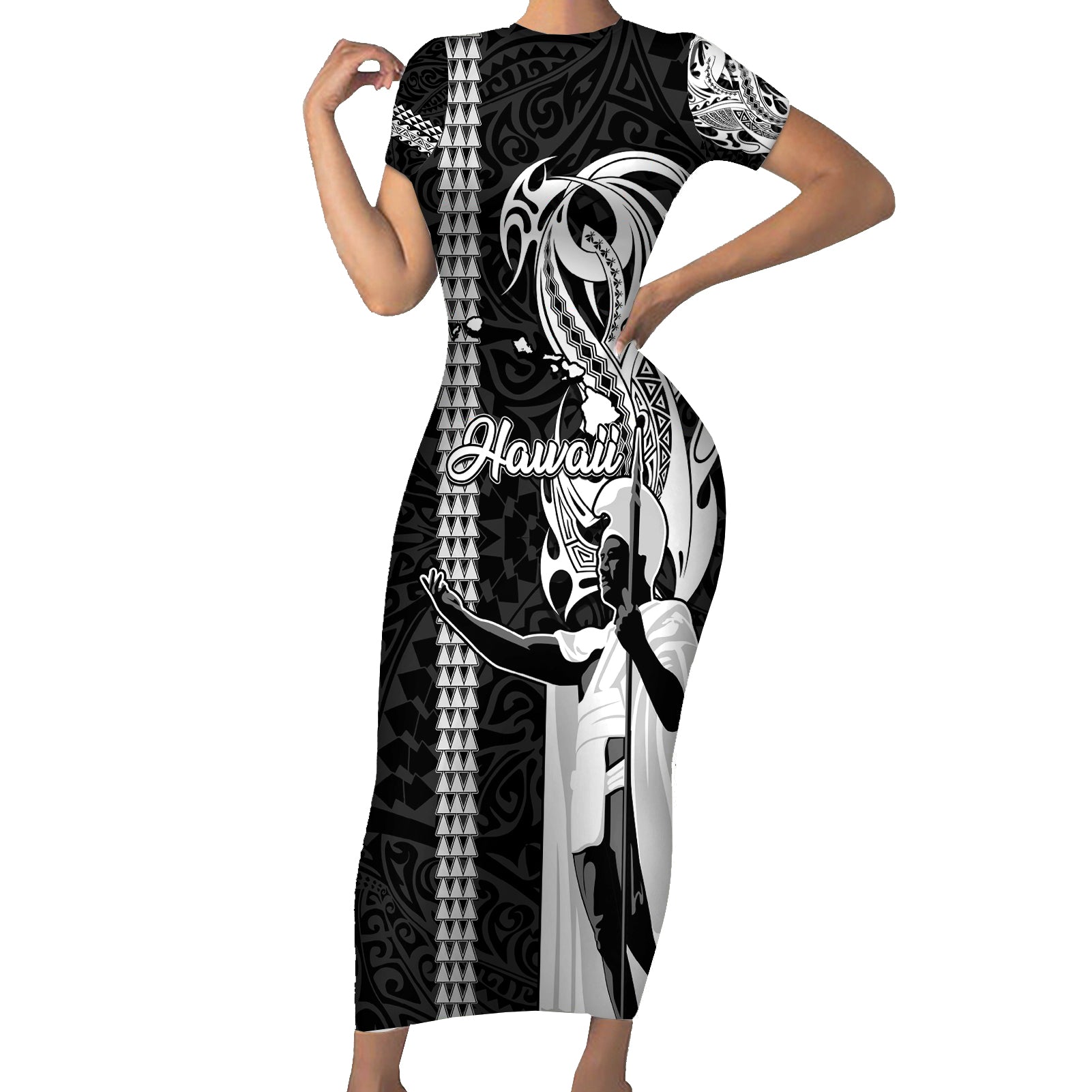 Hawaii Island Short Sleeve Bodycon Dress Hawaiian King and Kakau Symbols Abstract Shoulder Tattoo LT03 Long Dress Black - Polynesian Pride