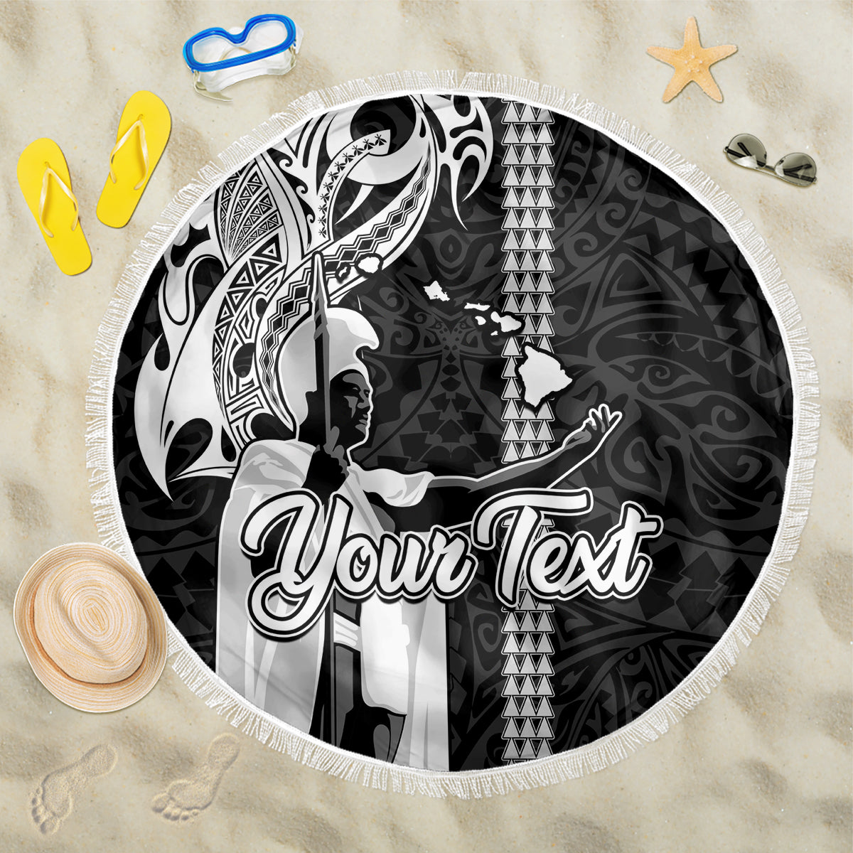 Custom Hawaii Island Beach Blanket Hawaiian King and Kakau Symbols Abstract Shoulder Tattoo LT03 One Size 150cm Black - Wonder Print Shop