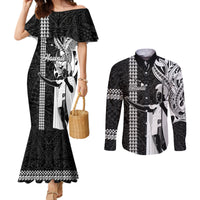 Custom Hawaii Island Couples Matching Mermaid Dress and Long Sleeve Button Shirts Hawaiian King and Kakau Symbols Abstract Shoulder Tattoo LT03 Black - Polynesian Pride