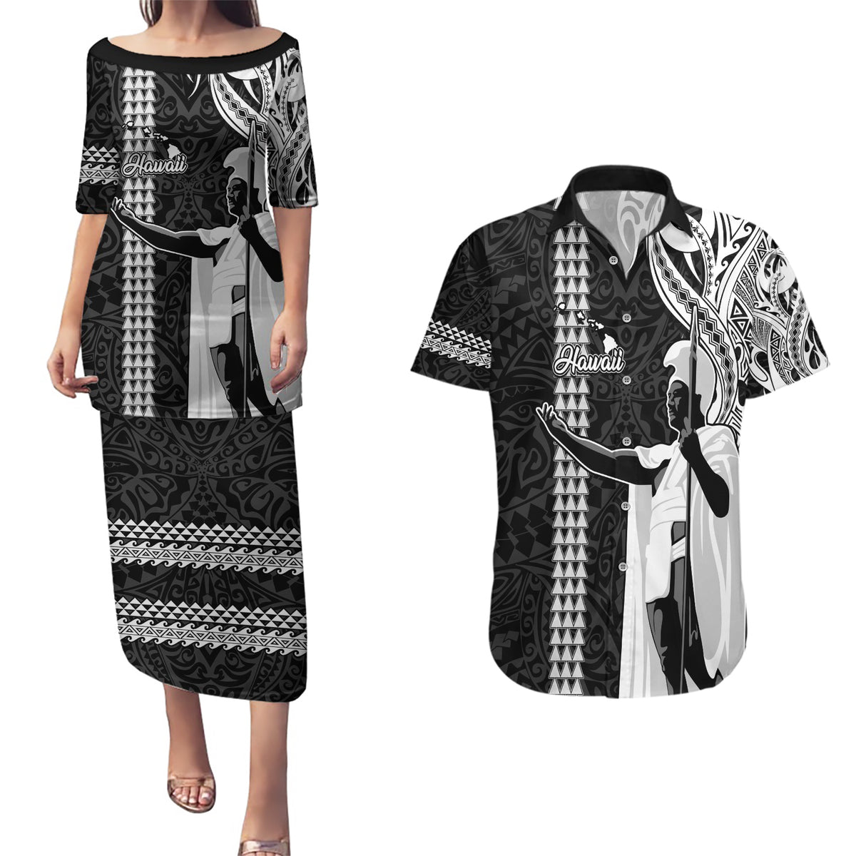 Custom Hawaii Island Couples Matching Puletasi Dress and Hawaiian Shirt Hawaiian King and Kakau Symbols Abstract Shoulder Tattoo LT03 Black - Polynesian Pride