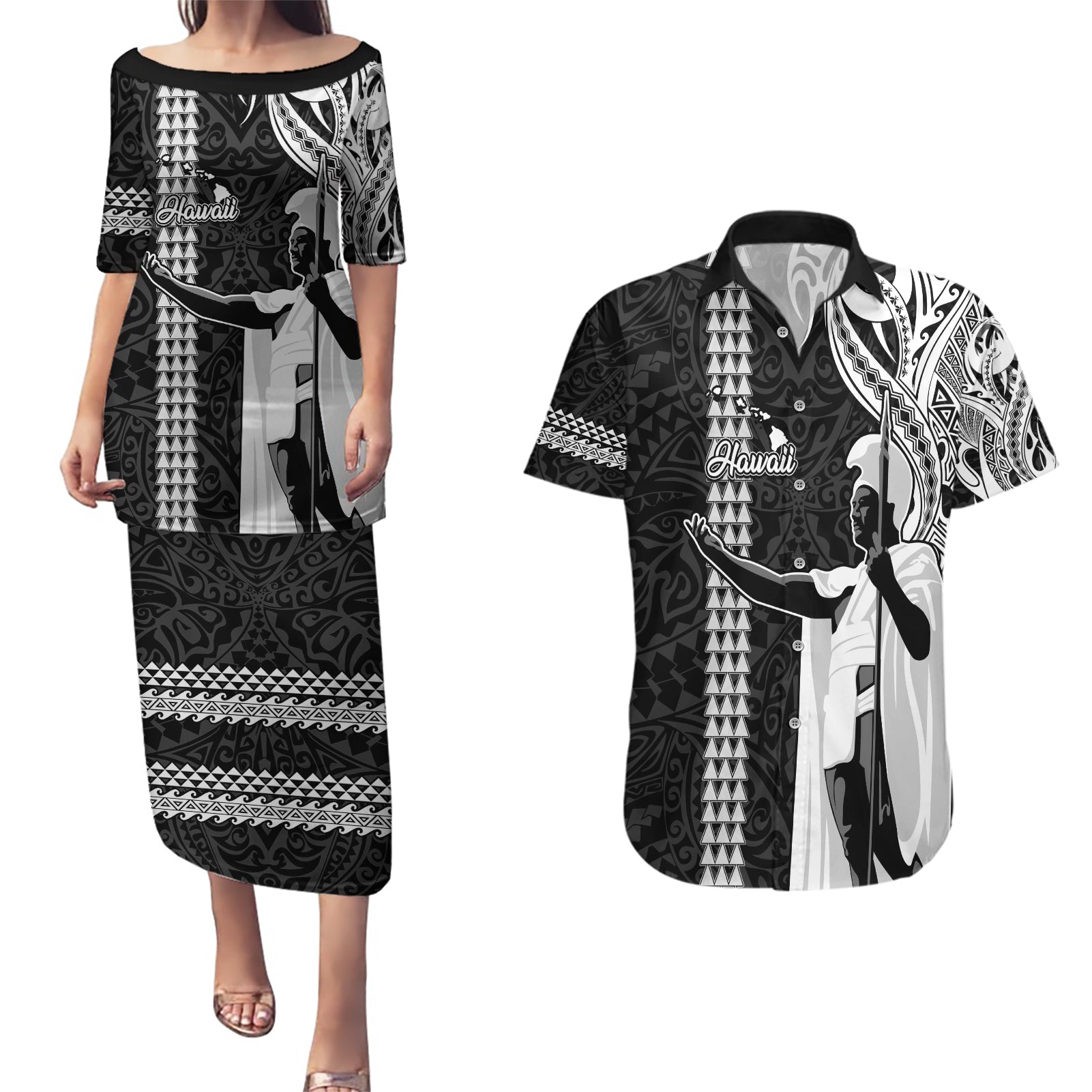 Custom Hawaii Island Couples Matching Puletasi Dress and Hawaiian Shirt Hawaiian King and Kakau Symbols Abstract Shoulder Tattoo LT03 Black - Polynesian Pride
