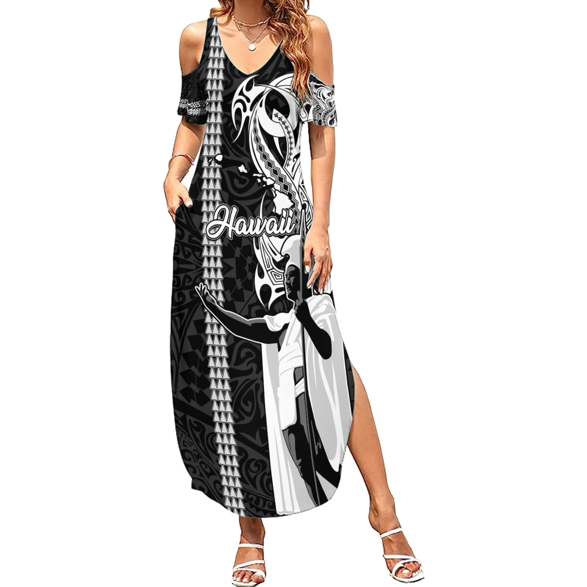 Custom Hawaii Island Family Matching Summer Maxi Dress and Hawaiian Shirt Hawaiian King and Kakau Symbols Abstract Shoulder Tattoo LT03 Mom's Dress Black - Polynesian Pride