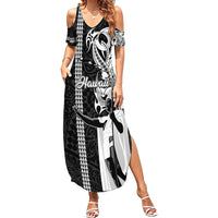 Custom Hawaii Island Family Matching Summer Maxi Dress and Hawaiian Shirt Hawaiian King and Kakau Symbols Abstract Shoulder Tattoo LT03 Mom's Dress Black - Polynesian Pride