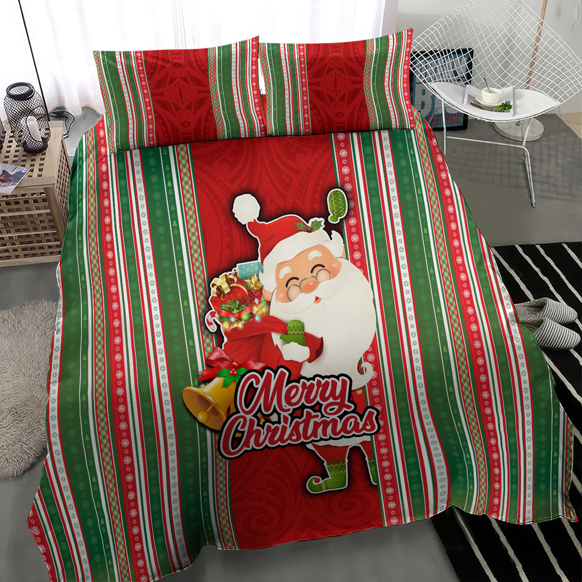Kiribati Christmas Bedding Set Santa With Gift Bag Behind Ribbons Seamless Red Maori LT03 - Polynesian Pride