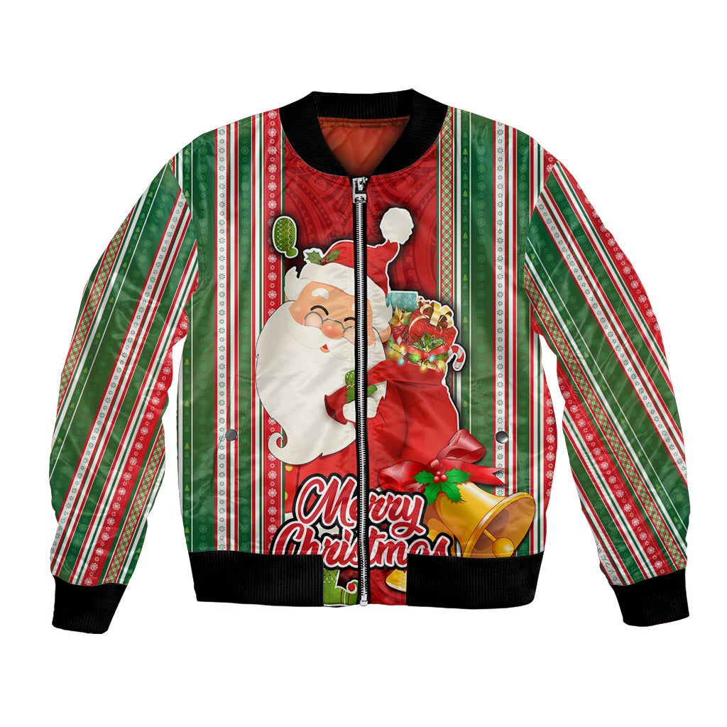 Kiribati Christmas Bomber Jacket Santa With Gift Bag Behind Ribbons Seamless Red Maori LT03 Unisex Red - Polynesian Pride