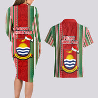 Kiribati Christmas Couples Matching Long Sleeve Bodycon Dress and Hawaiian Shirt Santa With Gift Bag Behind Ribbons Seamless Red Maori LT03 - Polynesian Pride