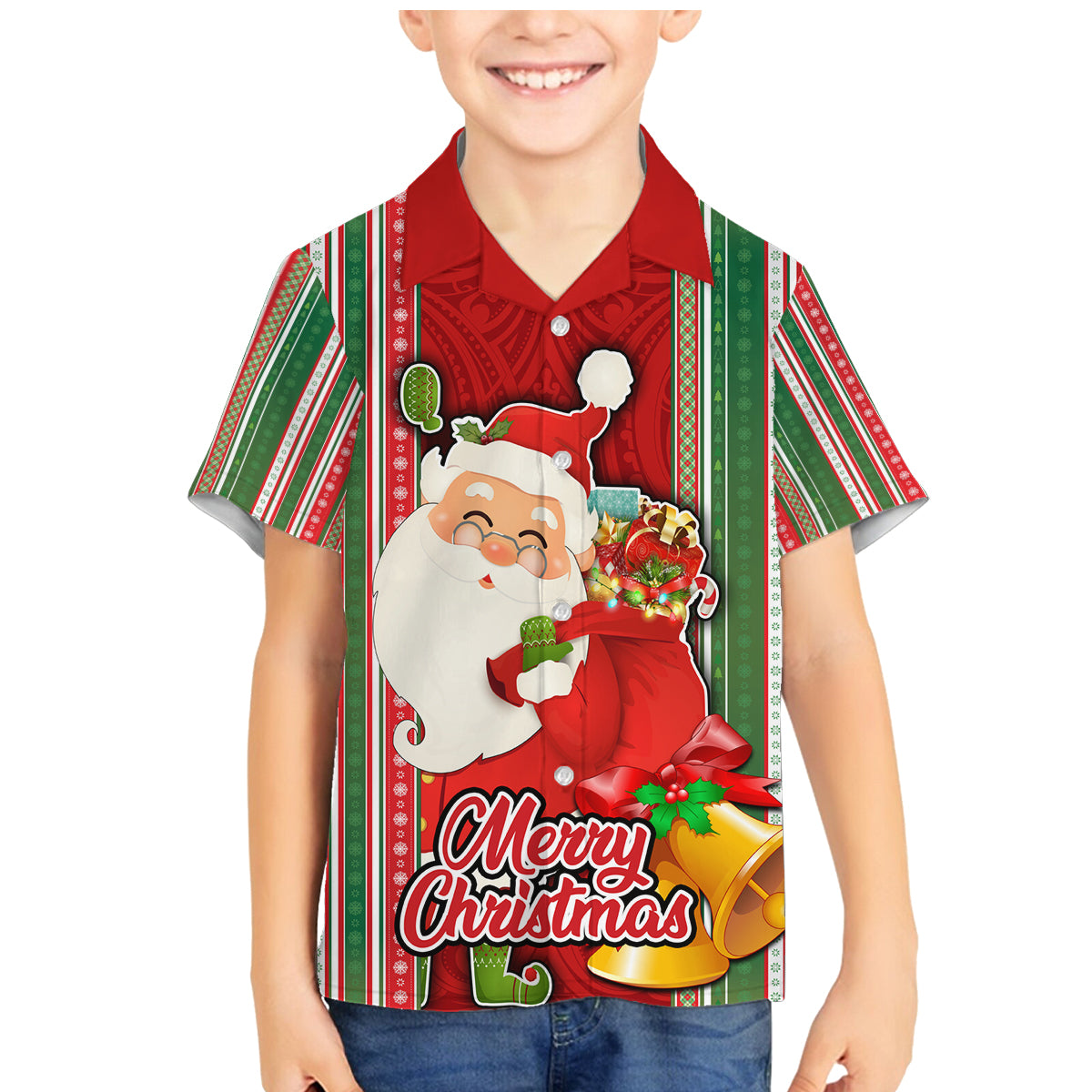 Kiribati Christmas Family Matching Mermaid Dress and Hawaiian Shirt Santa With Gift Bag Behind Ribbons Seamless Red Maori LT03 Son's Shirt Red - Polynesian Pride