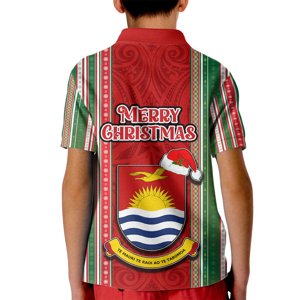 Kiribati Christmas Kid Polo Shirt Santa With Gift Bag Behind Ribbons Seamless Red Maori LT03 - Polynesian Pride