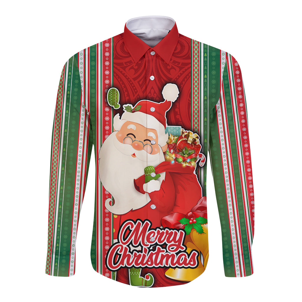 Kiribati Christmas Long Sleeve Button Shirt Santa With Gift Bag Behind Ribbons Seamless Red Maori LT03 Unisex Red - Polynesian Pride