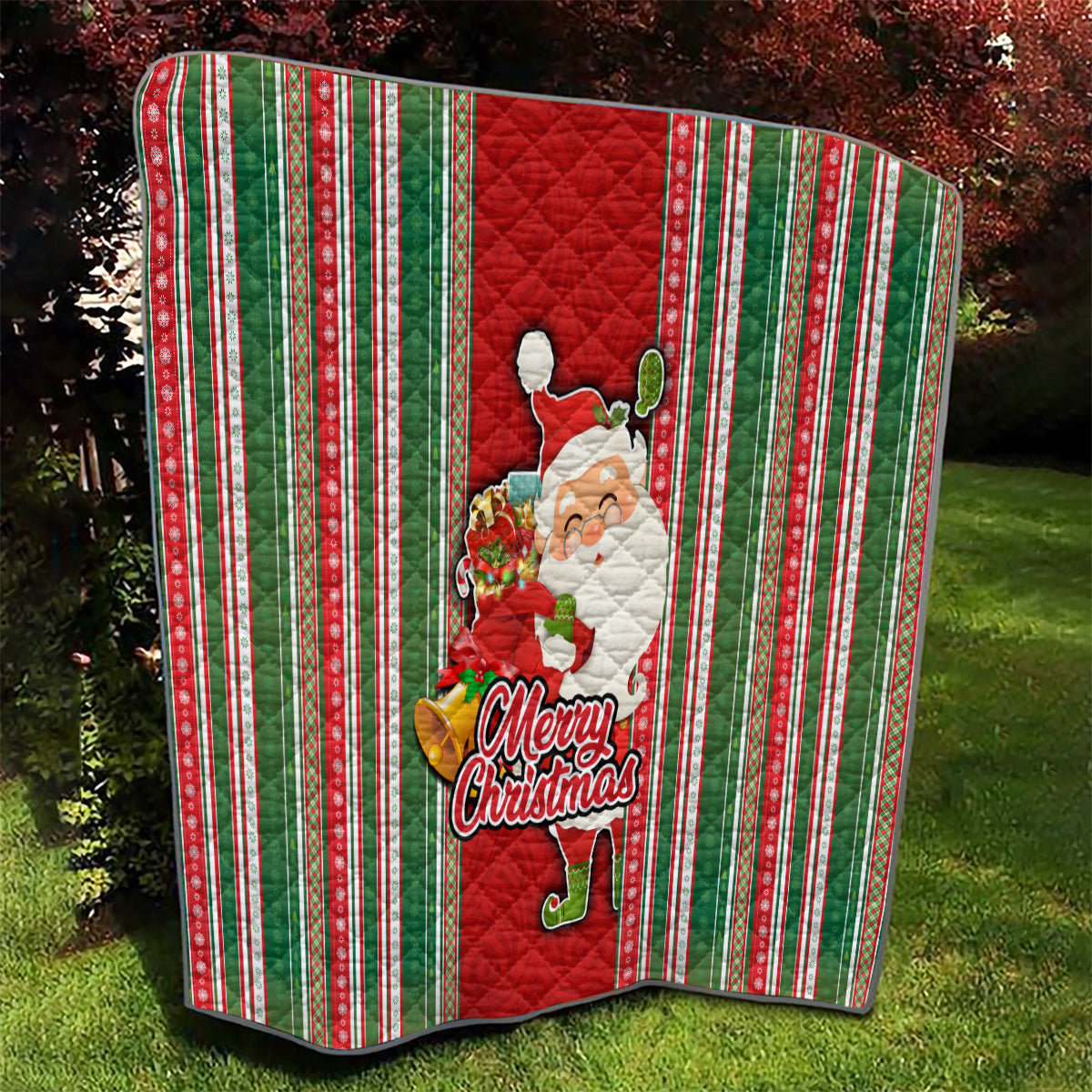 Kiribati Christmas Quilt Santa With Gift Bag Behind Ribbons Seamless Red Maori LT03 - Polynesian Pride