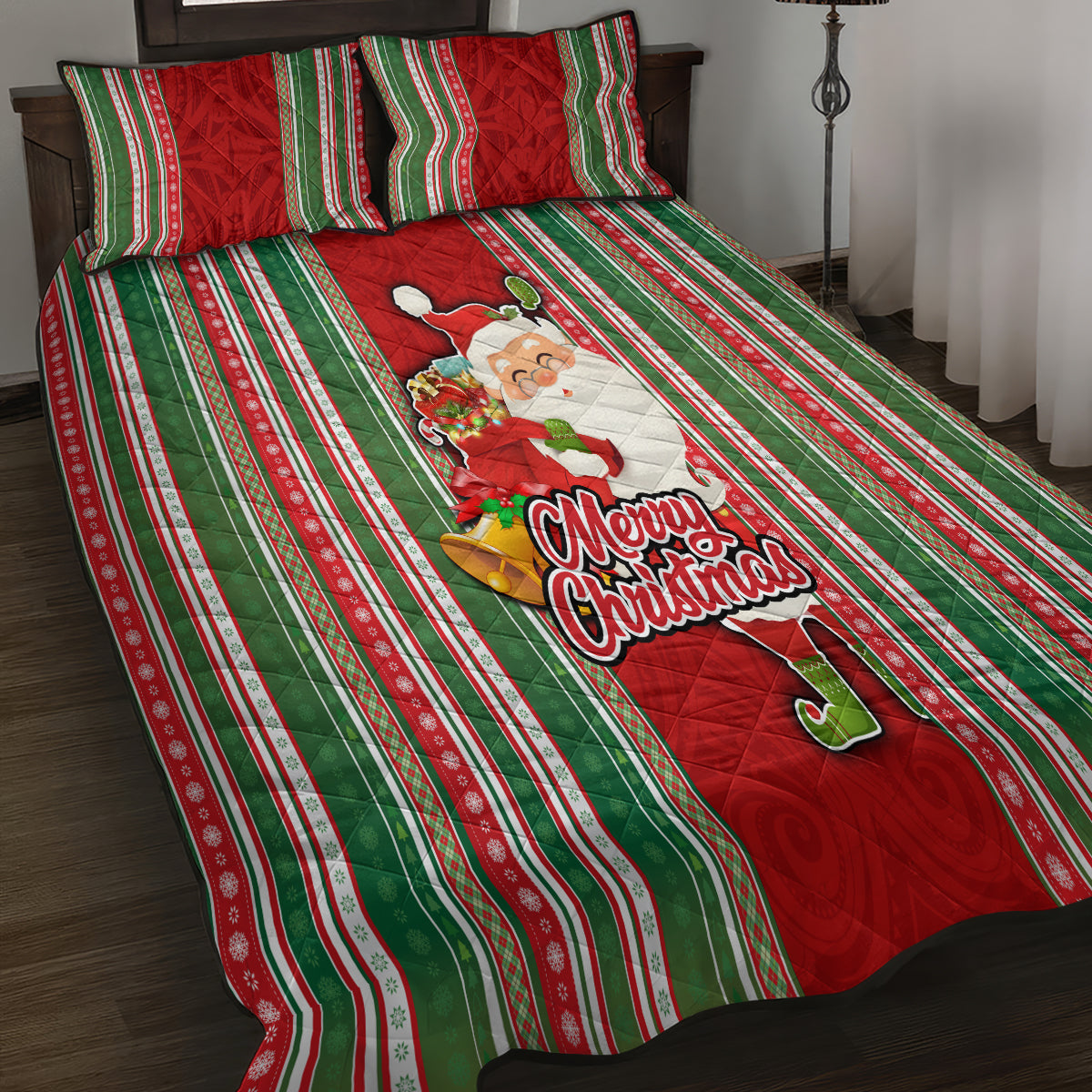 Kiribati Christmas Quilt Bed Set Santa With Gift Bag Behind Ribbons Seamless Red Maori LT03 - Polynesian Pride