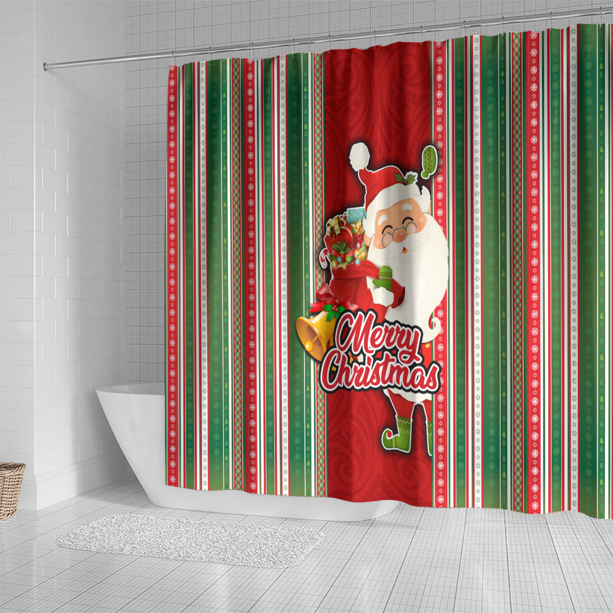 Kiribati Christmas Shower Curtain Santa With Gift Bag Behind Ribbons Seamless Red Maori LT03 - Polynesian Pride