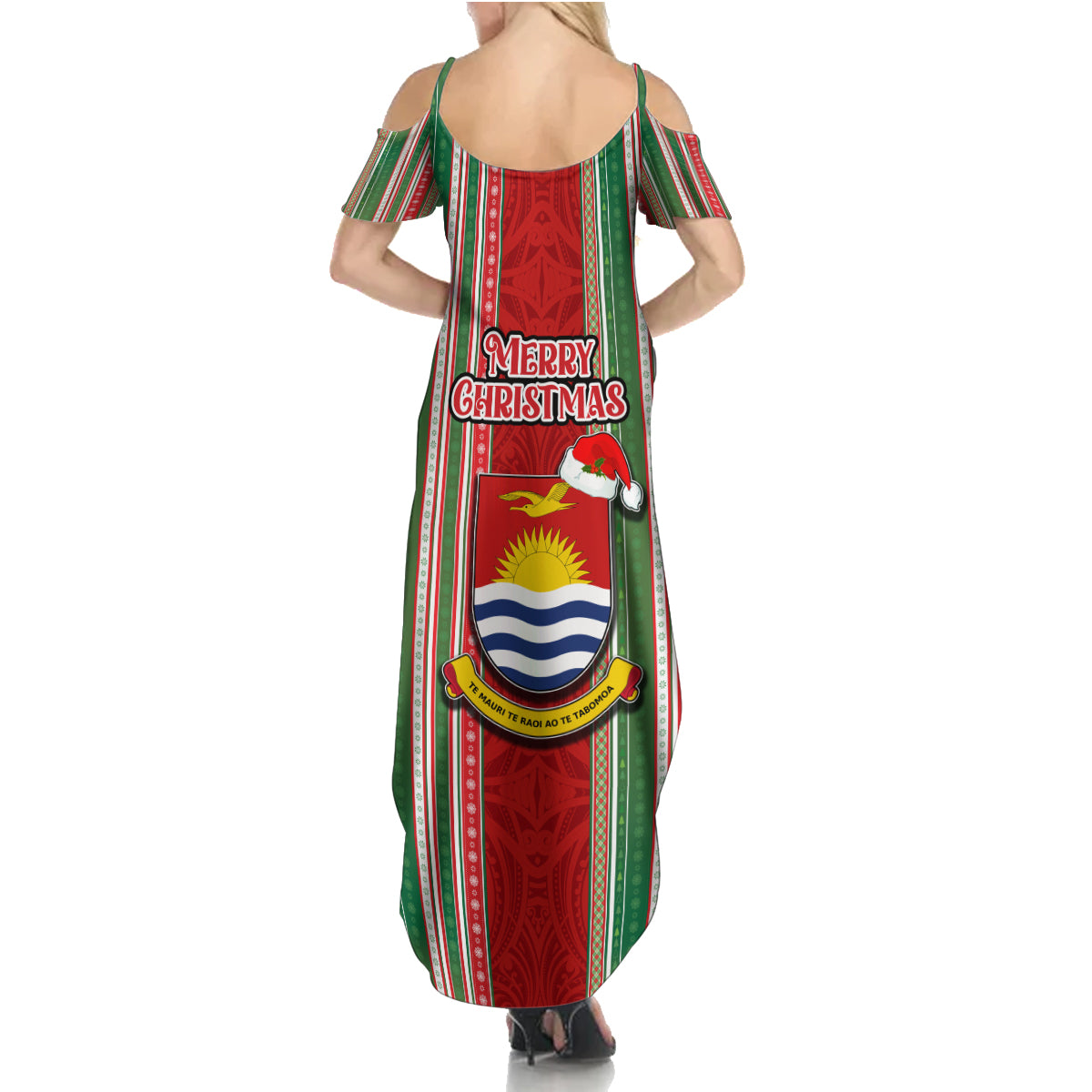 Kiribati Christmas Summer Maxi Dress Santa With Gift Bag Behind Ribbons Seamless Red Maori LT03 - Polynesian Pride