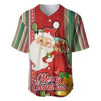 Custom Kiribati Christmas Baseball Jersey Santa With Gift Bag Behind Ribbons Seamless Red Maori LT03 Red - Polynesian Pride