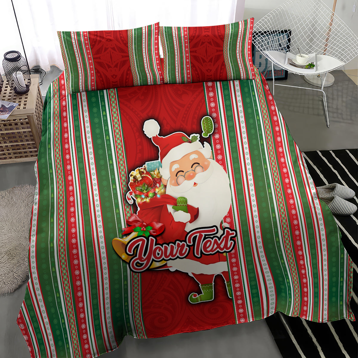 Custom Kiribati Christmas Bedding Set Santa With Gift Bag Behind Ribbons Seamless Red Maori LT03 - Polynesian Pride