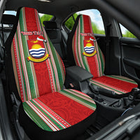 Custom Kiribati Christmas Car Seat Cover Santa With Gift Bag Behind Ribbons Seamless Red Maori LT03 One Size Red - Polynesian Pride