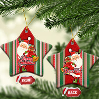 Custom Kiribati Christmas Ceramic Ornament Santa With Gift Bag Behind Ribbons Seamless Red Maori LT03 - Polynesian Pride