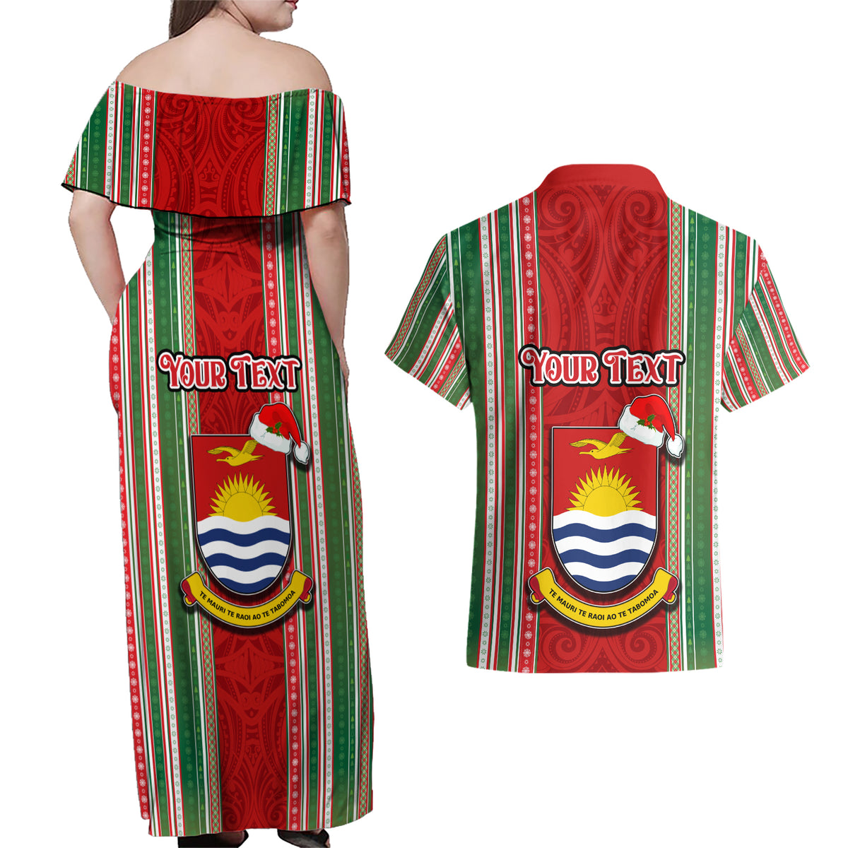 Custom Kiribati Christmas Couples Matching Off Shoulder Maxi Dress and Hawaiian Shirt Santa With Gift Bag Behind Ribbons Seamless Red Maori LT03 - Polynesian Pride