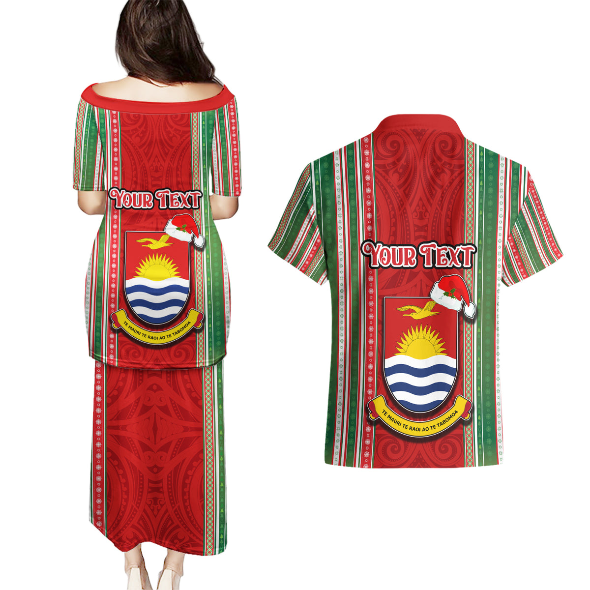 Custom Kiribati Christmas Couples Matching Puletasi Dress and Hawaiian Shirt Santa With Gift Bag Behind Ribbons Seamless Red Maori LT03 - Polynesian Pride