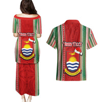 Custom Kiribati Christmas Couples Matching Puletasi Dress and Hawaiian Shirt Santa With Gift Bag Behind Ribbons Seamless Red Maori LT03 - Polynesian Pride