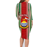 Custom Kiribati Christmas Family Matching Long Sleeve Bodycon Dress and Hawaiian Shirt Santa With Gift Bag Behind Ribbons Seamless Red Maori LT03 - Polynesian Pride