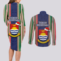 Kiribati Christmas Couples Matching Long Sleeve Bodycon Dress and Long Sleeve Button Shirts Santa With Gift Bag Behind Ribbons Seamless Blue Maori LT03 - Polynesian Pride