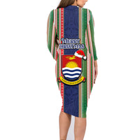 Kiribati Christmas Family Matching Long Sleeve Bodycon Dress and Hawaiian Shirt Santa With Gift Bag Behind Ribbons Seamless Blue Maori LT03 - Polynesian Pride