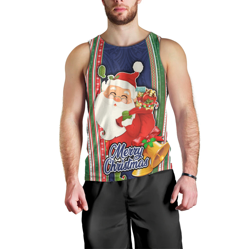 Kiribati Christmas Men Tank Top Santa With Gift Bag Behind Ribbons Seamless Blue Maori LT03 - Polynesian Pride