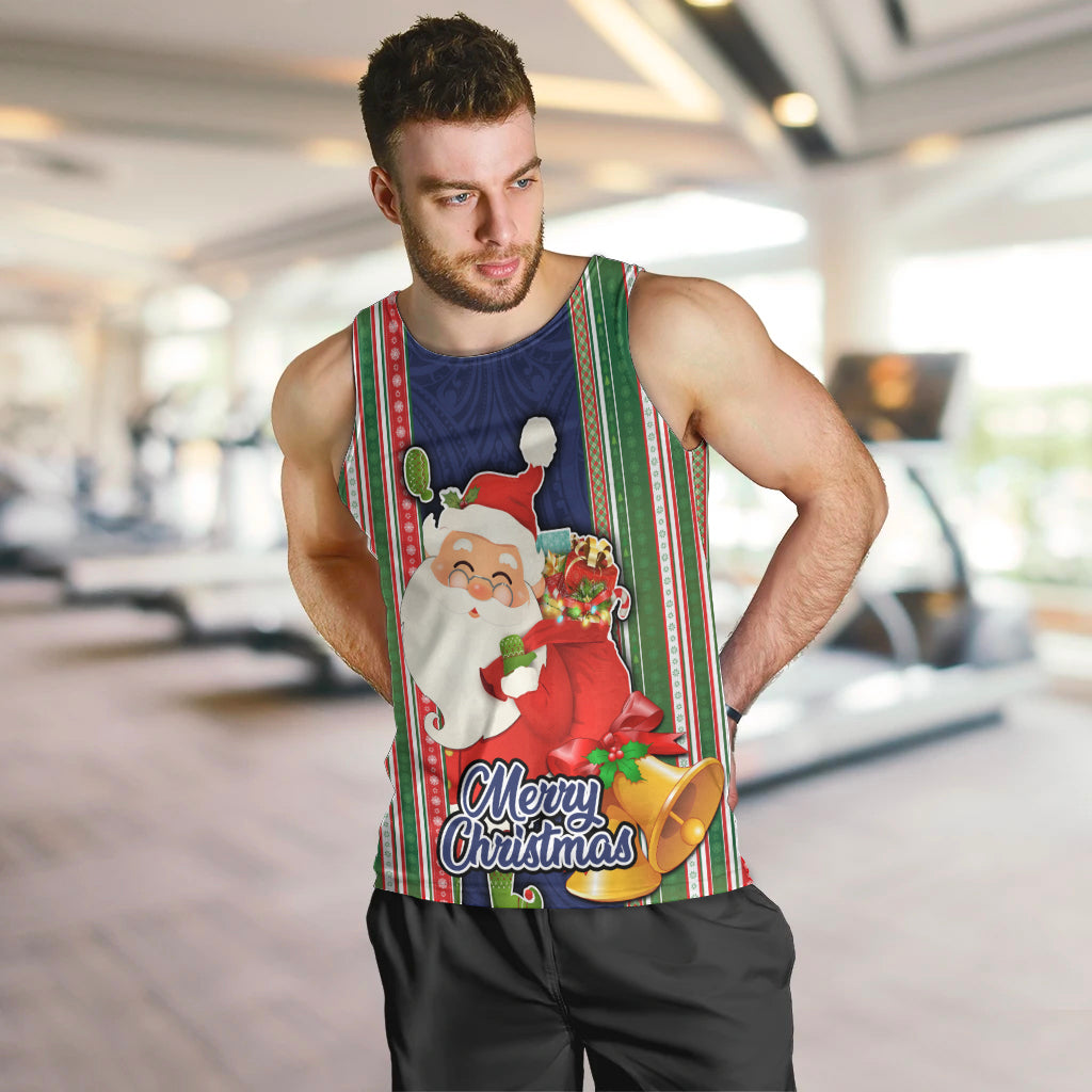 Kiribati Christmas Men Tank Top Santa With Gift Bag Behind Ribbons Seamless Blue Maori LT03 - Polynesian Pride