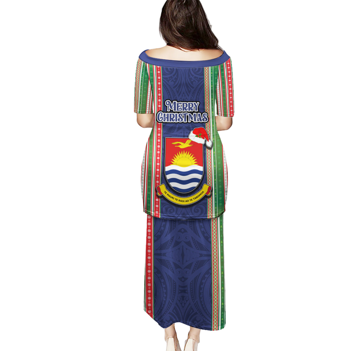 Kiribati Christmas Puletasi Santa With Gift Bag Behind Ribbons Seamless Blue Maori LT03 - Polynesian Pride