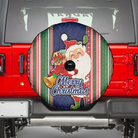 Kiribati Christmas Spare Tire Cover Santa With Gift Bag Behind Ribbons Seamless Blue Maori LT03 - Polynesian Pride