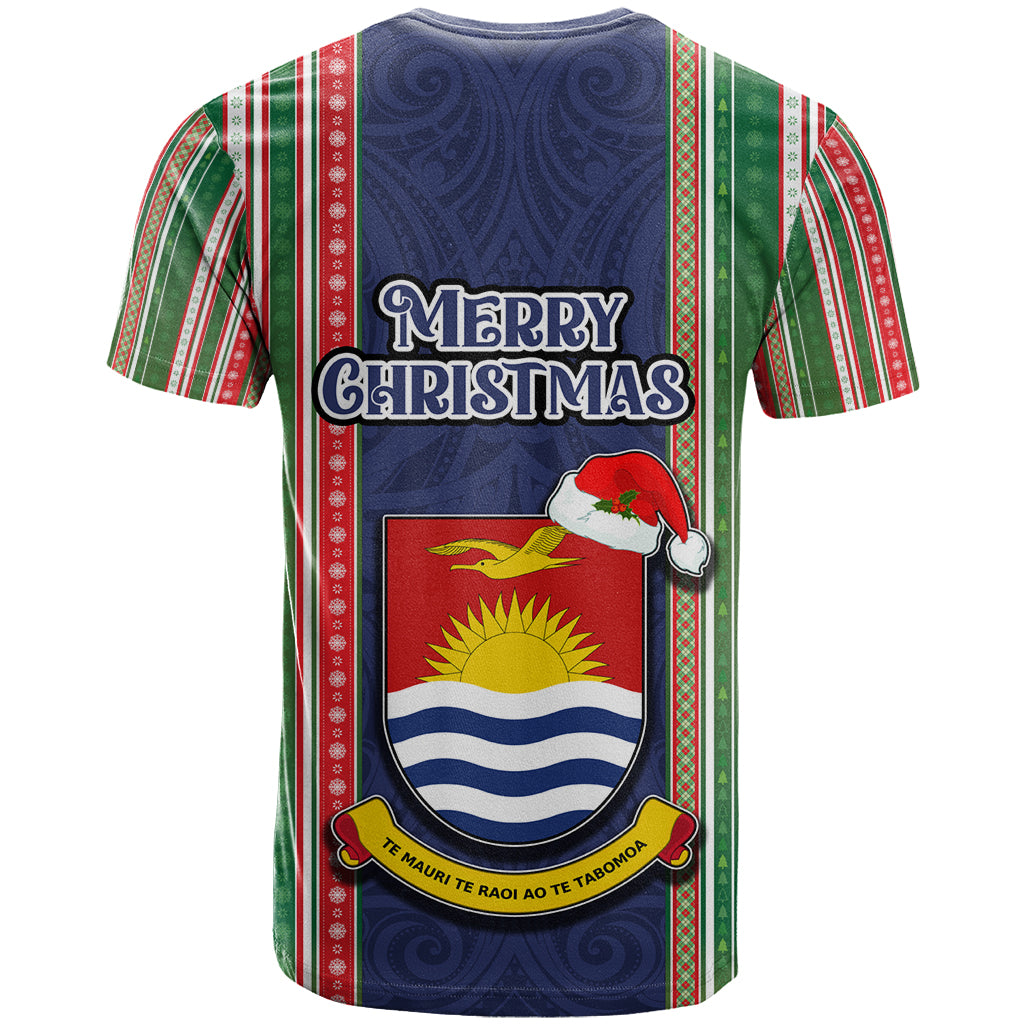 Kiribati Christmas T Shirt Santa With Gift Bag Behind Ribbons Seamless Blue Maori LT03 - Polynesian Pride