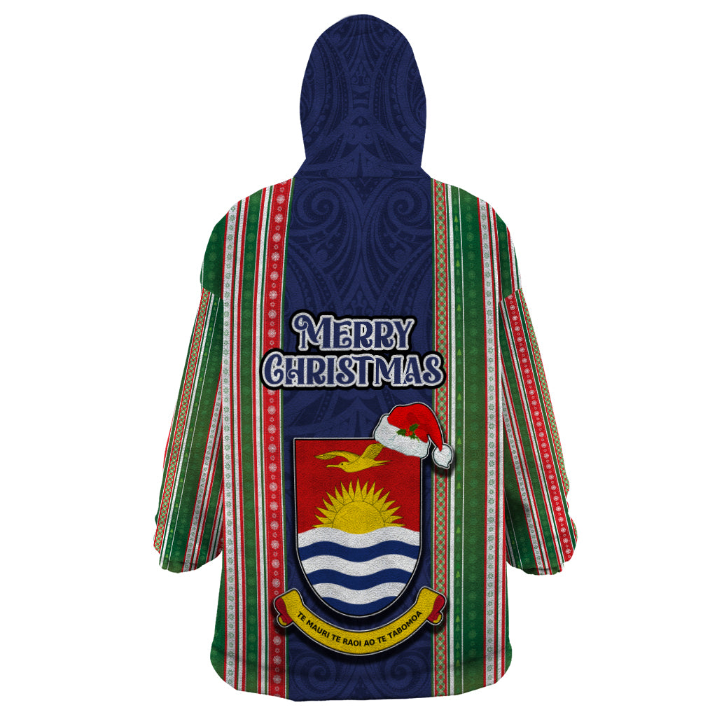 Kiribati Christmas Wearable Blanket Hoodie Santa With Gift Bag Behind Ribbons Seamless Blue Maori LT03 - Polynesian Pride