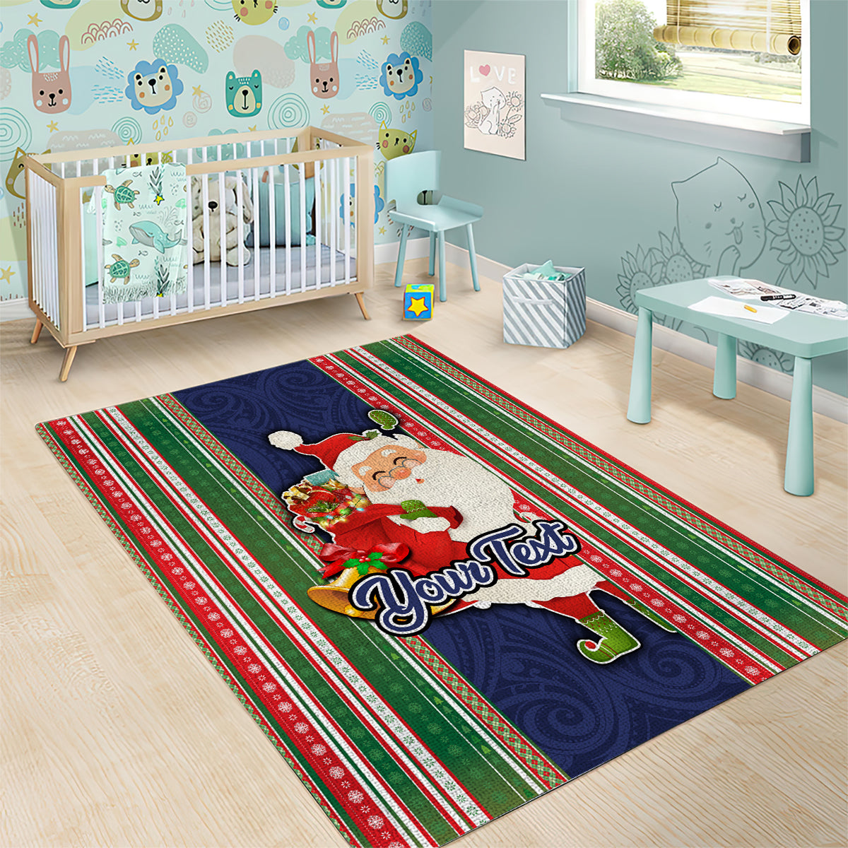 Custom Kiribati Christmas Area Rug Santa With Gift Bag Behind Ribbons Seamless Blue Maori LT03 - Polynesian Pride