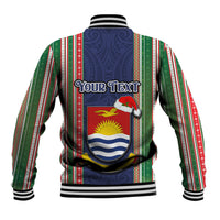 Custom Kiribati Christmas Baseball Jacket Santa With Gift Bag Behind Ribbons Seamless Blue Maori LT03 - Polynesian Pride