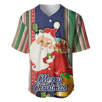 Custom Kiribati Christmas Baseball Jersey Santa With Gift Bag Behind Ribbons Seamless Blue Maori LT03 Blue - Polynesian Pride