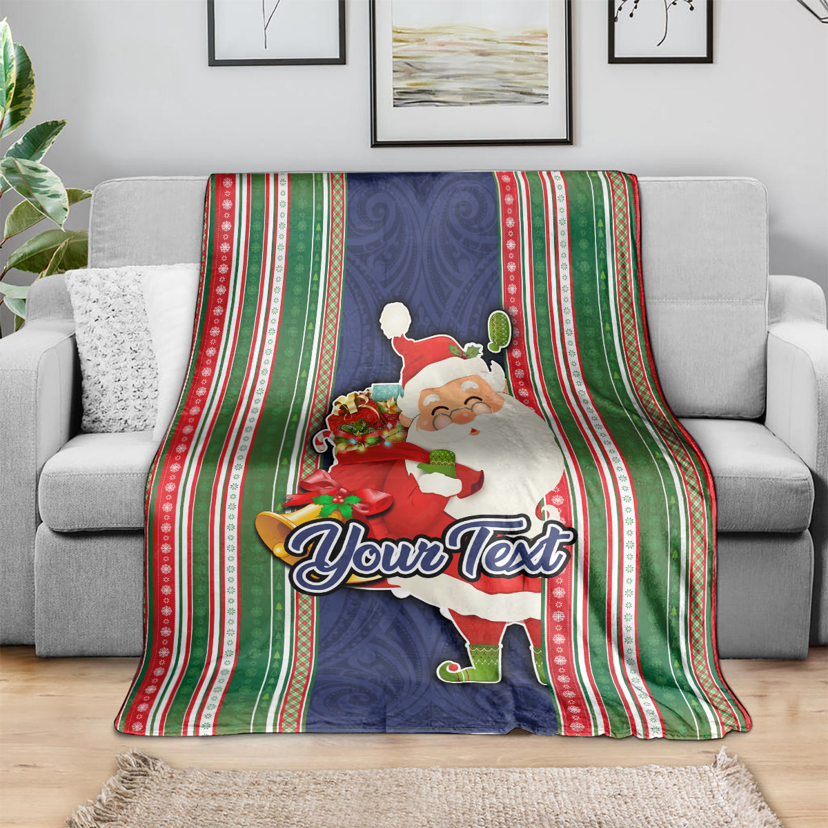Custom Kiribati Christmas Blanket Santa With Gift Bag Behind Ribbons Seamless Blue Maori LT03 - Polynesian Pride