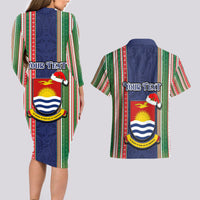 Custom Kiribati Christmas Couples Matching Long Sleeve Bodycon Dress and Hawaiian Shirt Santa With Gift Bag Behind Ribbons Seamless Blue Maori LT03 - Polynesian Pride