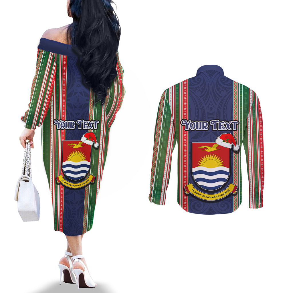 Custom Kiribati Christmas Couples Matching Off The Shoulder Long Sleeve Dress and Long Sleeve Button Shirts Santa With Gift Bag Behind Ribbons Seamless Blue Maori LT03 - Polynesian Pride