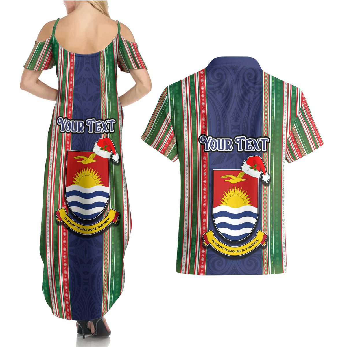 Custom Kiribati Christmas Couples Matching Summer Maxi Dress and Hawaiian Shirt Santa With Gift Bag Behind Ribbons Seamless Blue Maori LT03 - Polynesian Pride
