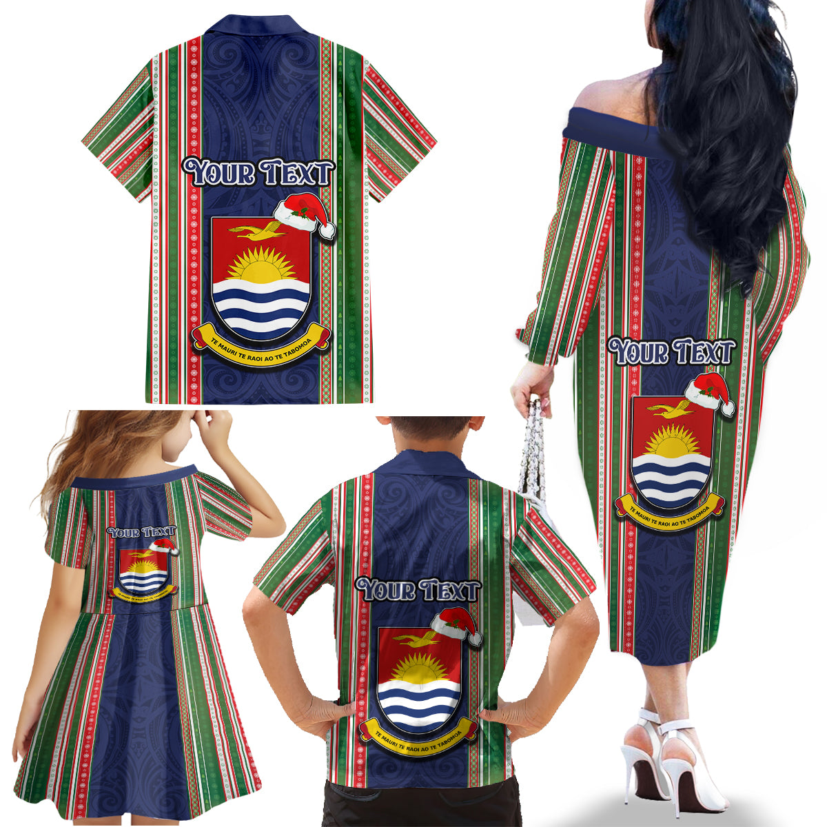 Custom Kiribati Christmas Family Matching Off Shoulder Long Sleeve Dress and Hawaiian Shirt Santa With Gift Bag Behind Ribbons Seamless Blue Maori LT03 - Polynesian Pride