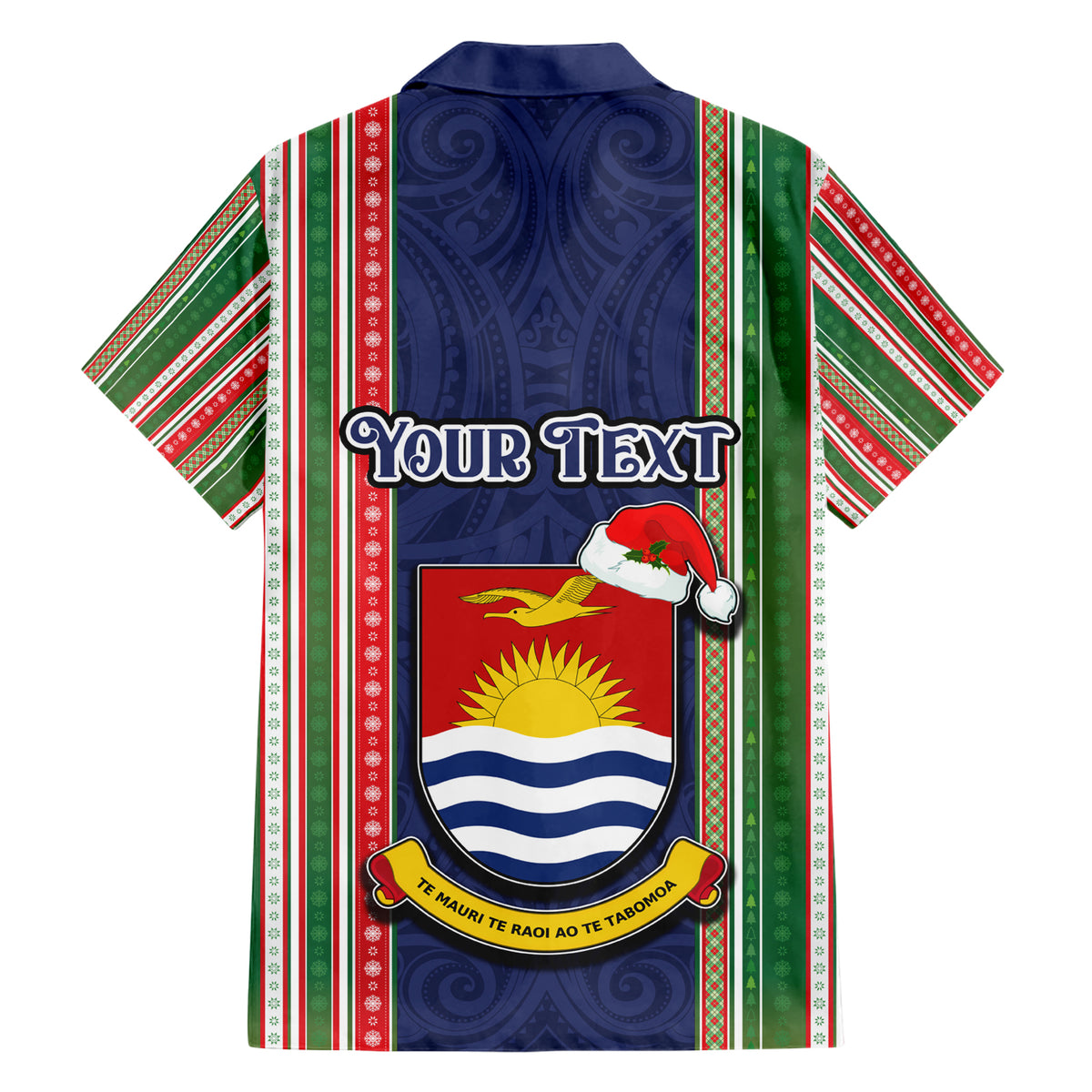 Custom Kiribati Christmas Family Matching Short Sleeve Bodycon Dress and Hawaiian Shirt Santa With Gift Bag Behind Ribbons Seamless Blue Maori LT03 - Polynesian Pride